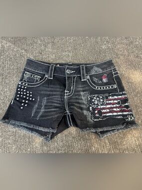 Miss Me Black Distressed Jean Shorts with Studs & American Flag Patch